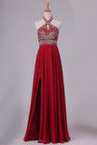 2024 Halter Beaded Bodice A Line Prom Dresses Chiffon P65XS4M5