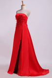 2024 Strapless Prom Dresses Column Sweep Train With Beading