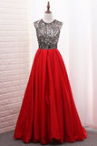 2024 A-Line Scoop Satin Prom Dresses Tulle Bodice Black Sequins Floor-Length PAJZDZGT