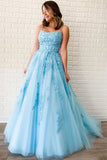 Unique A-Line Sky Blue Tulle Appliques Beads Scoop Prom Dresses with Lace STK20453