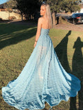 Sexy A line See Through Strapless Slit Backless Blue Prom Dresses with Appliques STK15593