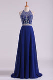 2024 Bateau Two Pieces Prom Dresses Dark Royal Blue A Line Beaded Bodice Open Back Floor Length Chiffon & PPHHRQYD