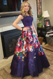 Elegant A Line Floral Satin Purple Prom Dresses with Lace, Long Dance Dresses STK15576