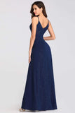 Sexy V Neck Long Spaghetti Straps Mermaid Navy Blue Prom Dresses with High Split STK15366