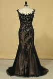 2024 Black Mermaid Bateau With Applique Tulle Dark Navy Sweep Train Evening PKQNDQG4