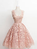 Vintage A-line Scalloped-Edge Knee-Length Lace Light Pink Prom Homecoming Dress