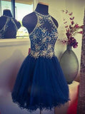 Modern Jewel Short Open Back Blue Homecoming Dress with Beading