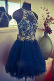 Modern Jewel Short Open Back Blue Homecoming Dress with Beading