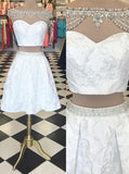 Trendy Two Piece Bateau Cap Sleeves Short White Homecoming Dress Beading Lace