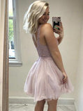 V Neck Backless Lace Tulle Homecoming Dresses