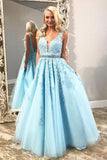 Elegant Light Sky Blue V Neck Tulle Prom Dress with Lace Appliques, Long Beads Formal Dress STK15173