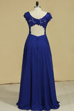 2024 V Neck Prom Dresses Cap Sleeves Chiffon With Applique PEENDYB8