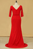 2024 Red Plus Size Mother Of The Bride Dresses V Neck 3/4 Length Sleeve Spandex With P1ZBBAAR