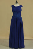 2024 Dark Royal Blue A Line Cowl Neck Prom Dresses Chiffon With Applique And PC917E12