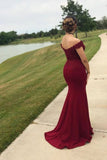 Mermaid Off the Shoulder Burgundy Prom Dresses with Slit, Lace Appliques Evening Dress STK15264