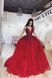 Burgundy Ball Gown V neck Spaghetti Straps Tulle Prom Dresses with Appliques STK15083