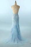 Mermaid Blue Long Prom Dress Backless Evening Dress