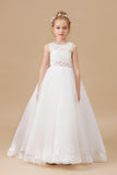 Floor-length Sleevelesss Lace Tulle Satin Flower Girl Dresses With Pink Bowknot Sash