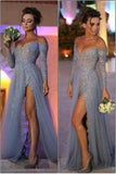 Charming Off the Shoulder Appliques Grey Long-Sleeves Evening Dress Elegant Prom Gowns