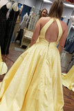 Elegant A Line Satin Jewel Pearls Blue Open Back Prom Evening Dresses With Pockets STK15151