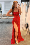 Mermaid Glitter Sequins Sexy Red Backless Long Prom Dress