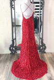 Mermaid Glitter Sequins Sexy Red Backless Long Prom Dress