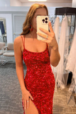 Mermaid Glitter Sequins Sexy Red Backless Long Prom Dress