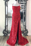 Mermaid Glitter Sequins Sexy Red Backless Long Prom Dress