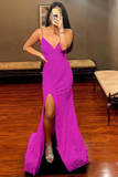 Sevy Glitter Hot Pink Backless Long Prom Dress