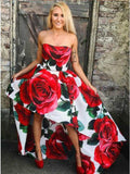 A Line Strapless High Low Red Rose Floral Satin Prom Dresses, Long Evening Dress STK15556