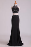 2024 Halter Two-Piece Beaded Bodice Sheath Open Back Prom Dresses Spandex & Tulle Floor P84JHZ8H