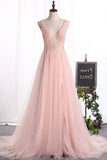 2024 New Arrival Straps A Line Tulle Prom Dresses With Beading PQF8BG9S