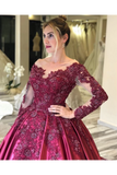 Prom Dress With Long Sleeves And Floral Embroidery Burgundy Colored Court STKPJ8SLMB9