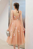 Cute Tea Length A Line Pink Short Prom Dress Sweet 16 Dresses with Hand Made Flower STK15138