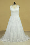 2024 Plus Size A Line V Neck Wedding Dresses Tulle With Applique Court P9G9YZ21