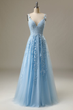 Light Blue Prom Dress Spaghetti Straps Long Evening Dress