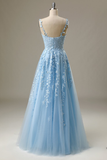 Light Blue Prom Dress Spaghetti Straps Long Evening Dress