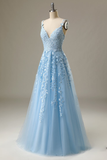 Light Blue Prom Dress Spaghetti Straps Long Evening Dress