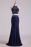 2024 Dark Royal Blue Halter Two-Piece Beaded Bodice Mermaid Open Back Prom Dresses Spandex & Tulle Floor P86123FD