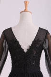 2024 Black Evening Dresses Long Sleeves A Line Chiffon With Applique & PYNHH3PH