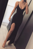 Sexy Black Mermaid Prom Dresses Long with Leg Slit, Spaghetti Straps Evening Dresses STK15330