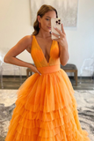 A-line Sexy Orange Tiered Backless Prom Dress