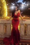 Chic Red Spaghetti Straps Mermaid V Neck Prom Dresses with Appliques, Formal Dresses STK15571