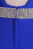 2024 Open Back Column Prom Dresses V Neck Dark Royal Blue Beaded Waistline Sweep P65N6EEB