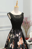 Chic A-Line Scoop Satin Black Lace up Sleeveless Long Flowers Prom Dresses