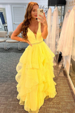 A-line Tiered Ruffles Light Yellow Tulle Prom Dress