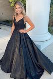 Sevy Glitter Black V Neck Spaghetti Straps Long Prom Dress