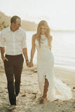 Charming Sheath Lace Bridal Gown with Slit Open Back Ivory Boho Wedding Dresses STK15124