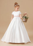 Ivory Floor-length Lace Satin Flower Girl Dresses With Pink Bowknot