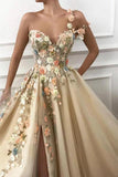 A Line One Shoulder V Neck 3D Flowers Prom Dresses, Tulle Sleeveless Evening Dresses STK15009